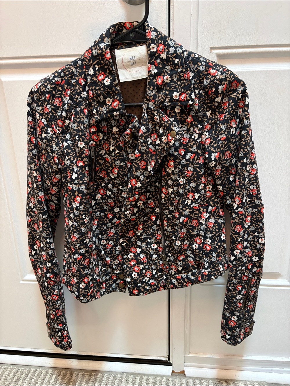 Anthropologie Hei Hei Black Floral Bomber Jacket with Red & White Blooms